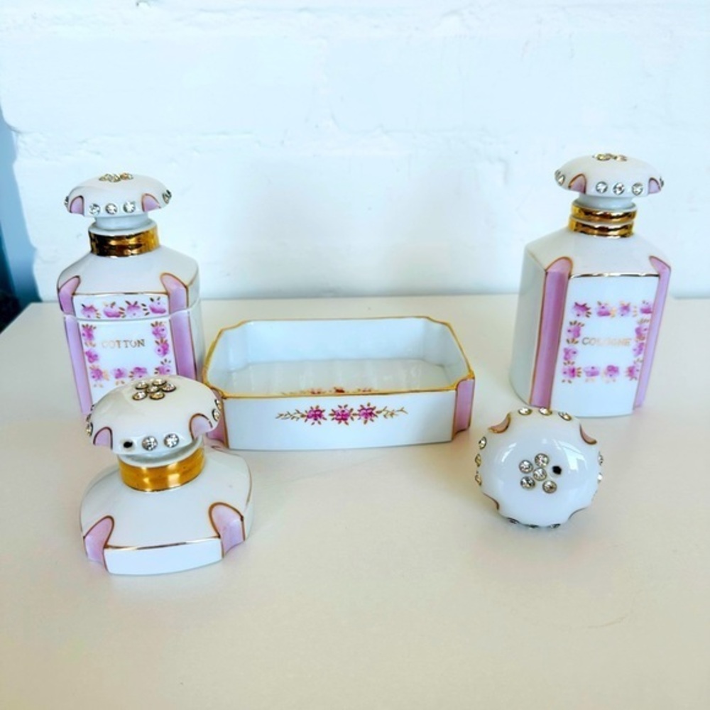 1956 Lefton Vanity Dresser Bottles & Soap Dish Hand Painted Rhinestones/Cork Set